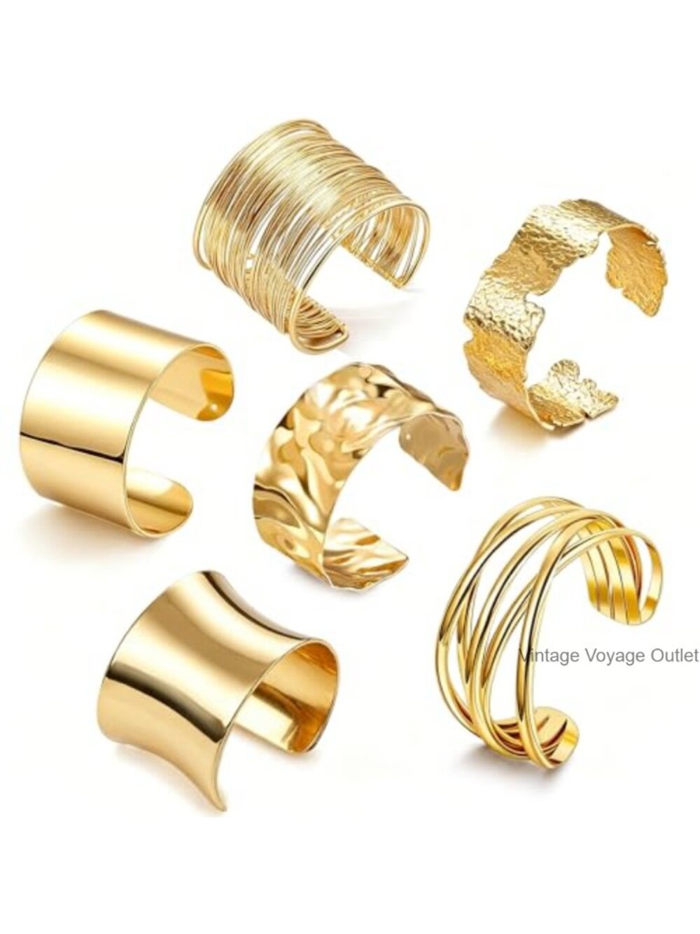 6Pc Gold Plated Chunky Cuff Bracelet Set Open Wide Bangle Adjustable